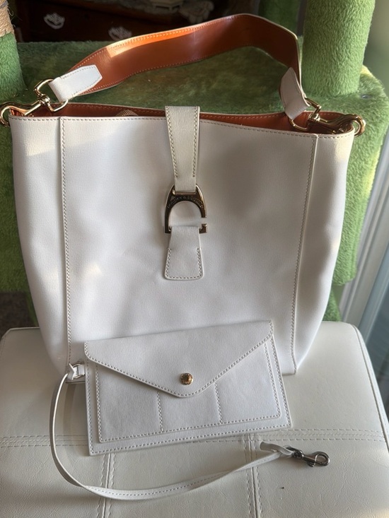 Handbags - Dooney & Bourke Cream Leather Tote with Removable Pouch and Gold-Tone Hardware